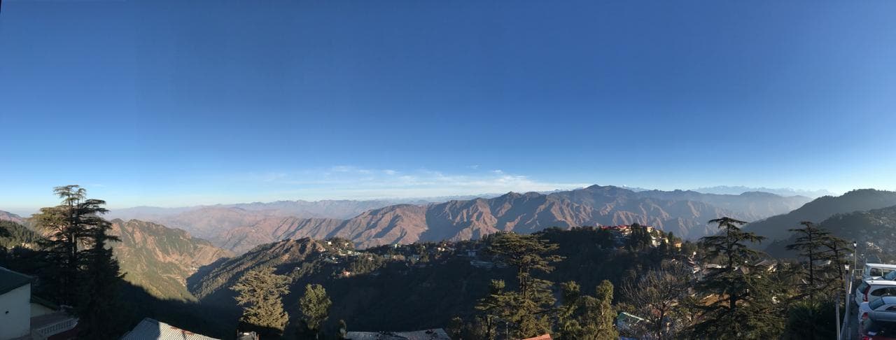 Ridge-top settlement and cedar trees overlooking layered Himalayan foothills